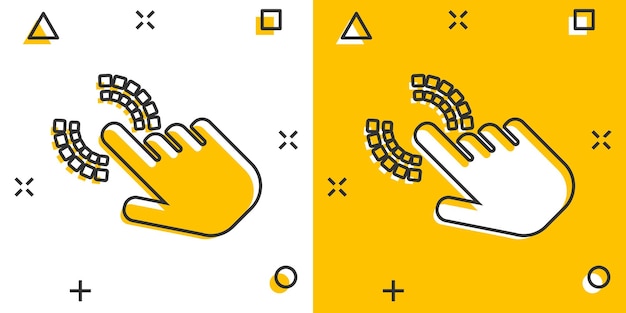 Vector de dibujos animados haga clic en el icono de la mano en estilo cómico Cursor dedo signo ilustración pictograma Puntero negocio efecto de salpicadura concepto