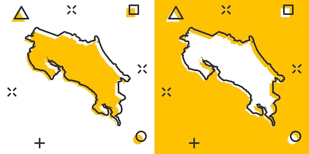 Vector de dibujos animados icono de mapa de Costa Rica en estilo cómico Costa Rica signo ilustración pictograma Cartografía mapa negocio efecto de salpicadura concepto