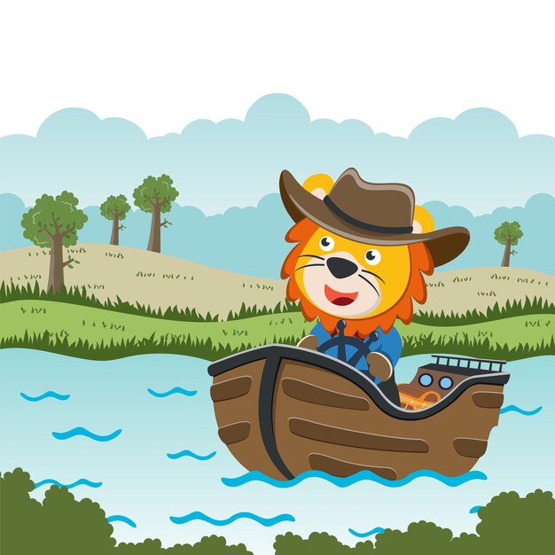 Vector de dibujos animados de león divertido en un pequeño barco con estilo de dibujos animados Vector creativo fondo infantil para tela textil guardería papel pintado cartel folleto de cartel y otra decoración