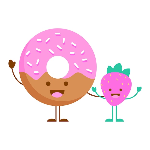 Vector de dibujos animados lindo donut y fresa