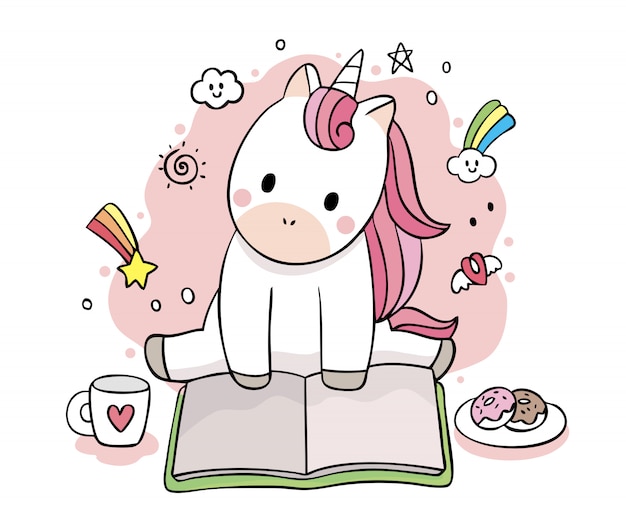 Vector vector de dibujos animados lindo unicornio dulce lectura libro de patrones sin fisuras.