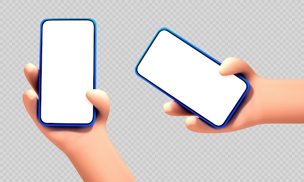 Vector de dibujos animados mano humana sosteniendo smartphone con pantalla en blanco blanca aislada sobre fondo transparente.