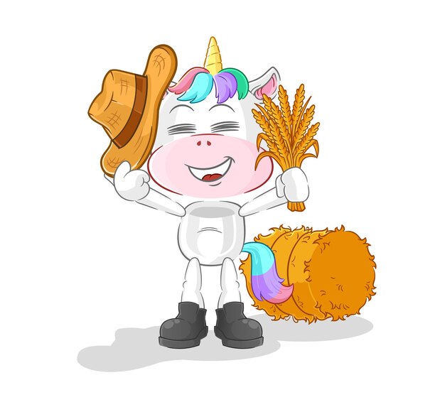 Vector de dibujos animados de la mascota del granjero unicornio