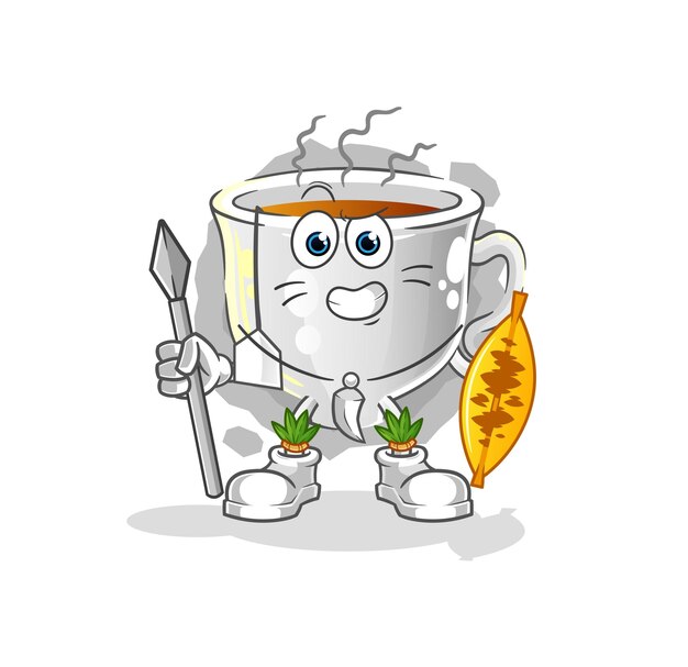 Vector de dibujos animados de mascota de luchador tribal africano de taza de té