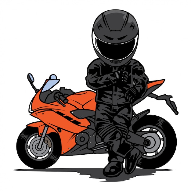 Vector de dibujos animados de motociclista frente a motocicleta deportiva
