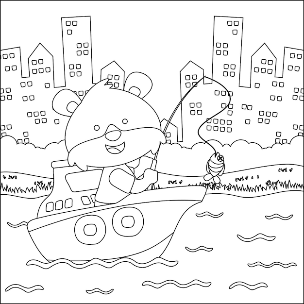 Vector de dibujos animados de oso divertido en bote pequeño con estilo de dibujos animados