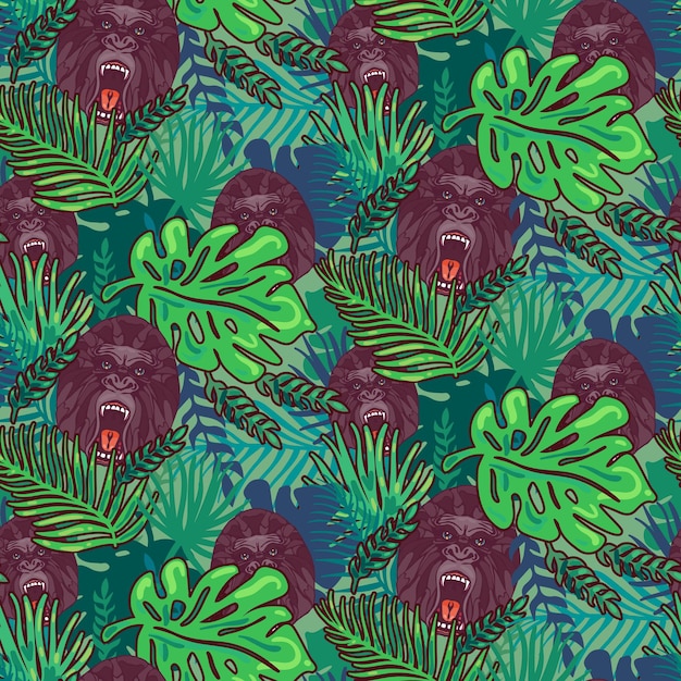Vector de dibujos animados de patrón de papel tapiz transparente de gorilas enojados
