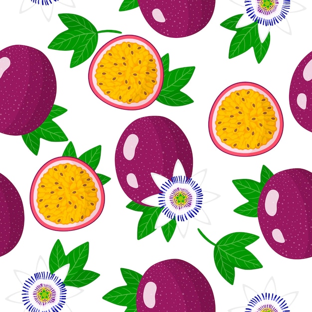 Vector de dibujos animados de patrones sin fisuras con passiflora edulis o frutas exóticas de maracuyá, flores y hojas