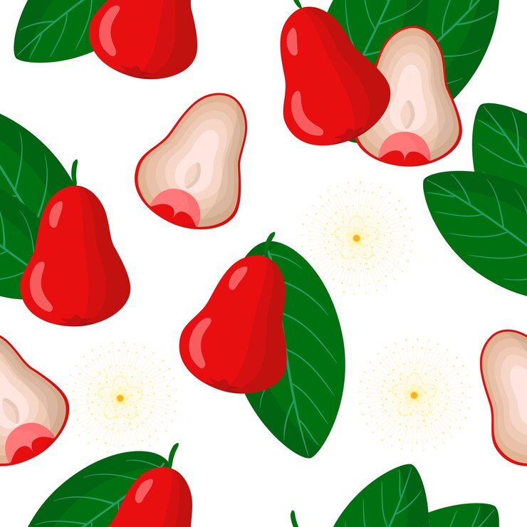 Vector vector de dibujos animados de patrones sin fisuras con syzygium aqueum o jambu frutas exóticas, flores y hojas sobre fondo blanco.
