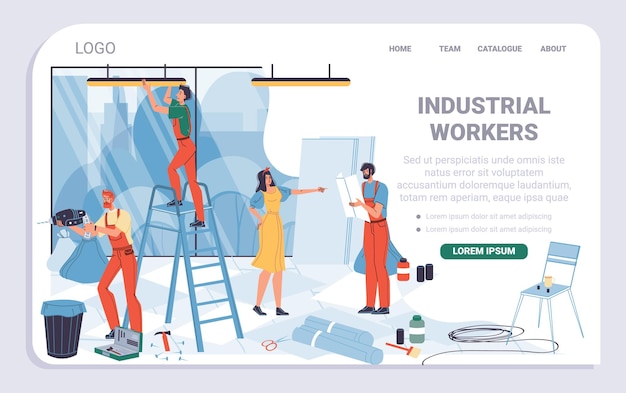 Vector de dibujos animados personajes de trabajadores industriales planos, diseño de página de aterrizaje de renovación de oficinas.