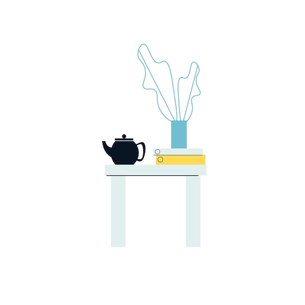 Vector de dibujos animados plana Ñ offee mesa con tetera, libros y planta casera aislada en muebles de casa de fondo vacío, concepto de elementos interiores de habitación, diseño de anuncios de banner de sitio web