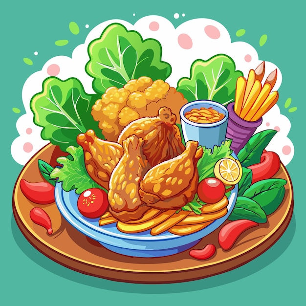 Vector de dibujos animados de pollo frito Ilustración concepto de obra de arte de estilo plano