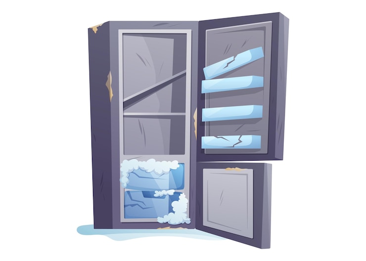 Vector vector de dibujos animados de refrigerador viejo con manchas de óxido estanterías rotas acumulación de hielo y arañazos electrodomésticos de cocina dañados ilustración aislada