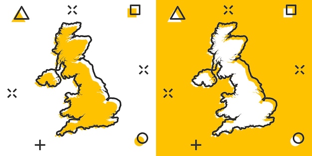 Vector de dibujos animados Reino Unido mapa icono en estilo cómico Reino Unido signo ilustración pictograma Cartografía mapa negocio efecto de salpicadura concepto