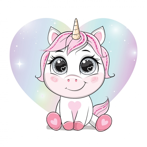 Vector de dibujos animados unicornio sobre arco iris en forma de corazón.