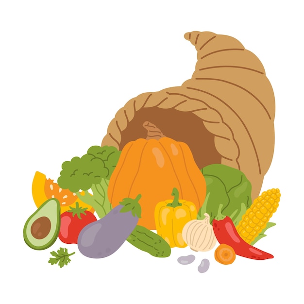 vector de dibujos animados de verduras en cornucopia cuerno de la abundancia