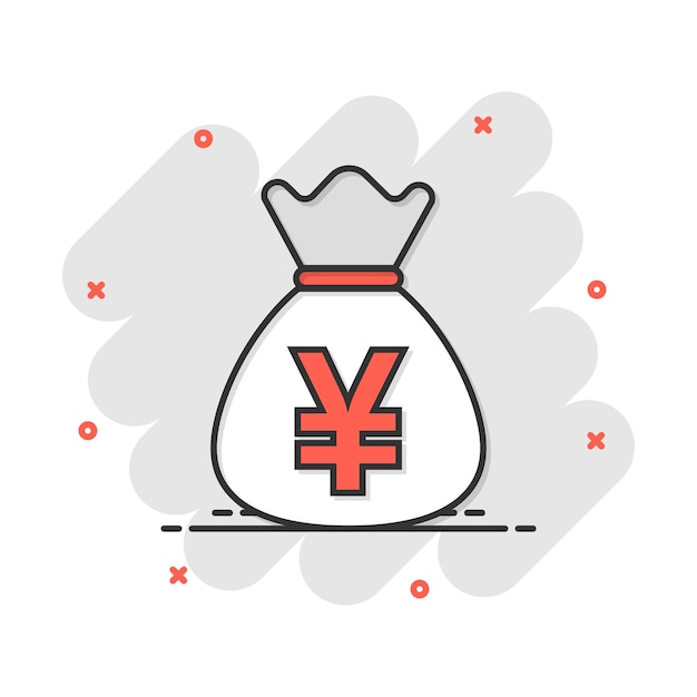 Vector de dibujos animados yen yuan bolsa dinero moneda icono en estilo cómic yen moneda saco concepto ilustración pictograma asia dinero negocio splash efecto concepto