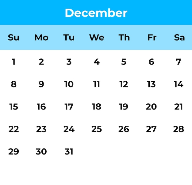 Vector Diciembre de 2024 Hoja de calendario