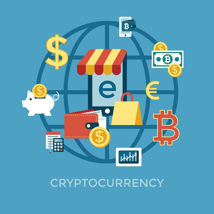 Vector vector digital bitcoin criptomoneda y dinero electrónico pagos transferencia iconos conjunto