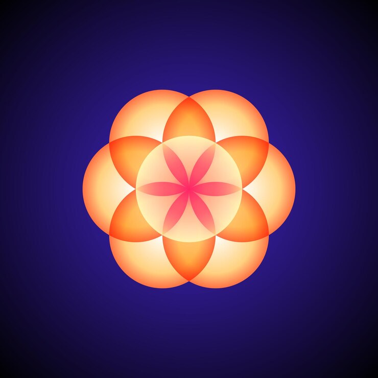 Vector vector de diseño de adorno naranja mandala abstracta geometría sagrada ilustración semilla de vida aislada sobre fondo oscuro
