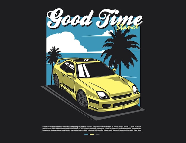 Vector de diseño de automóviles de los años 90 con árbol de coco e ilustración de fondo del cielo