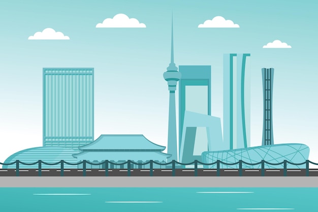 Vector de diseño azul de dibujos animados de ciudad, plantilla de diseño de dibujos animados de ciudad