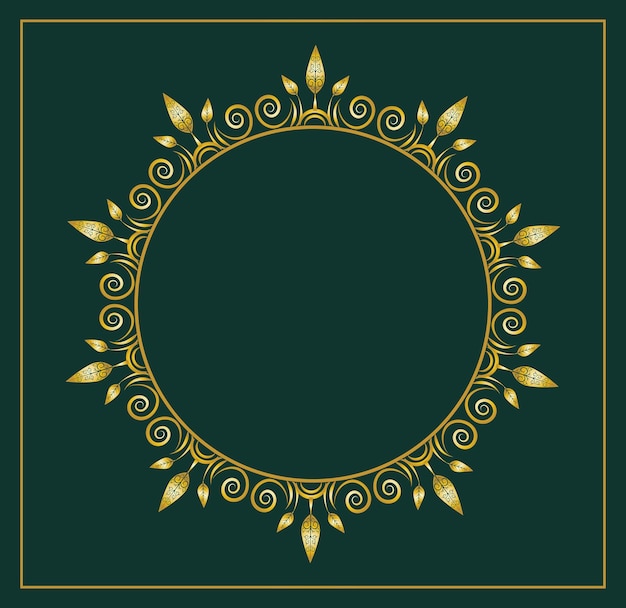 Vector de diseño de borde de marco de adorno floral de círculo dorado en color verde sólido oscuro