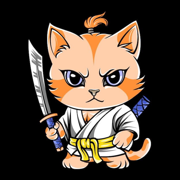 Vector vector diseño de calcomanía de camiseta de gato samurai lindo