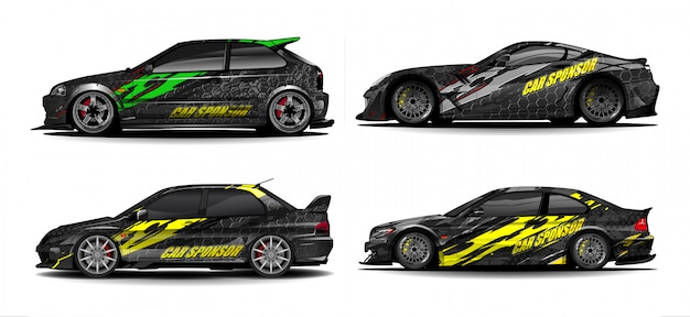 Vector de diseño de calcomanía de envoltura de coche. Resumen diseños de kit de fondo gráfico para vehículo, coche de carreras, rally, librea, coche deportivo