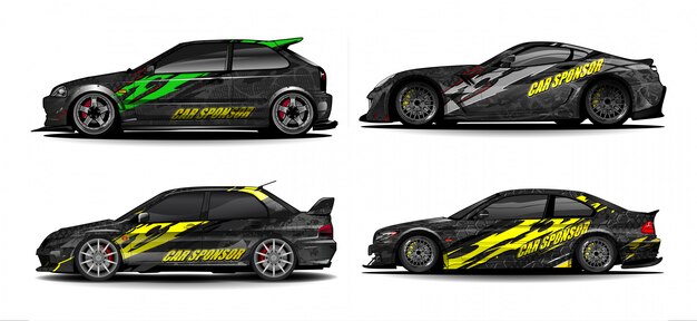 Vector de diseño de calcomanía de envoltura de coche. Resumen diseños de kit de fondo gráfico para vehículo, coche de carreras, rally, librea, coche deportivo