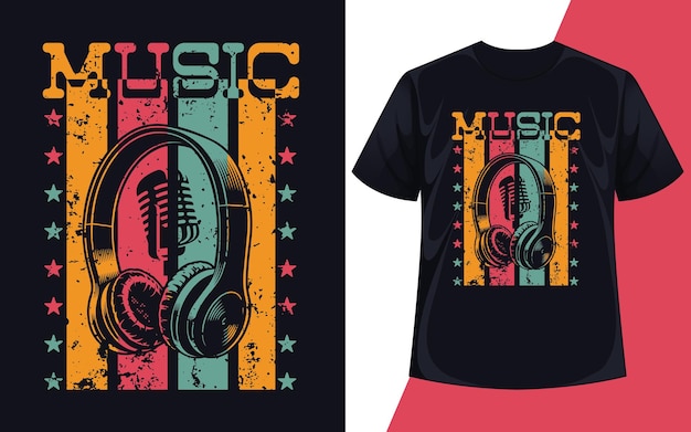 Vector vector de diseño de camiseta de música con micrófono y auriculares