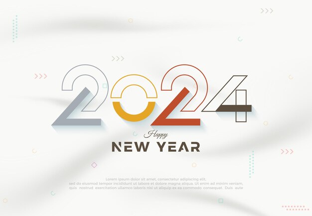 Vector de diseño colorido Feliz año nuevo 2024 con diseño de números únicos y creativos Diseño de vector premium para invitación de celebración o saludo