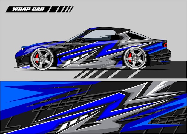 Vector de diseño de envoltura de coche de carreras Vector Premium azul y gris