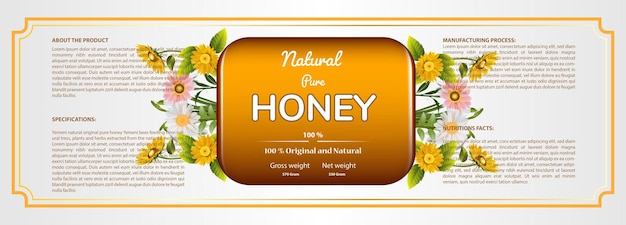 Vector de diseño de fondo de apilador de etiquetas de embalaje de miel natural floral editable horizontal