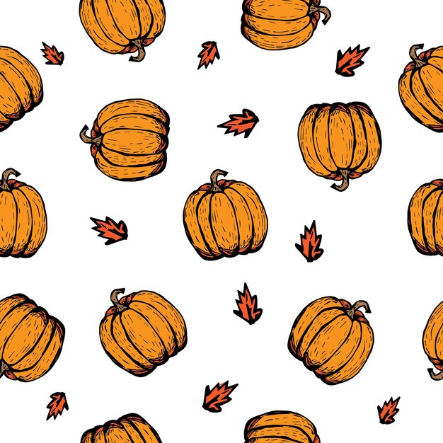 Vector de diseño de fondo de patrones sin fisuras de otoño de calabaza dibujada a mano