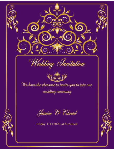Vector de diseño de fondo de tarjeta de invitación de boda con borde de marco de adorno floral dorado real en piruleta
