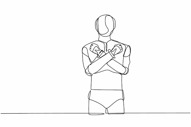 Vector de diseño de gesto de robot de dibujo continuo único de pie con el puño cerrado y el brazo cruzado