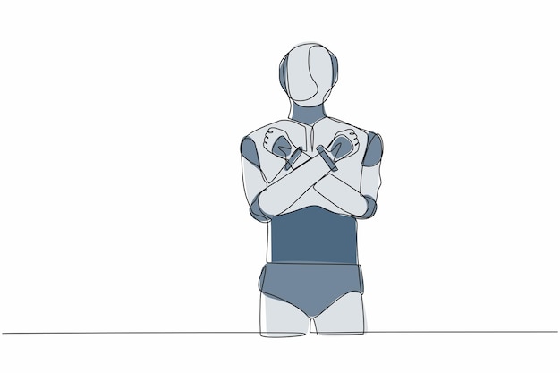 Vector de diseño de gesto de robot de dibujo continuo único de pie con el puño cerrado y el brazo cruzado