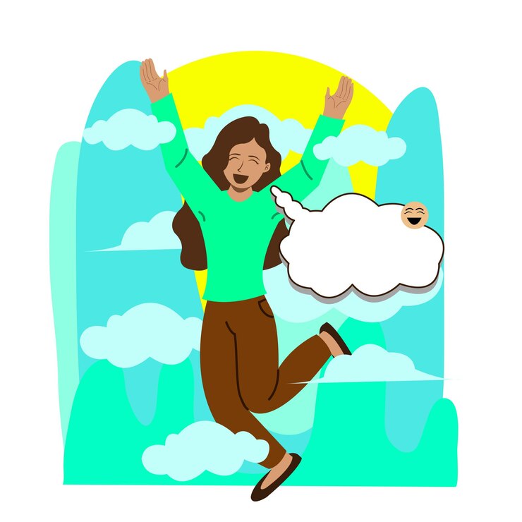 Vector vector de diseño de ilustración de mujer con globos de texto y emoticonos felices