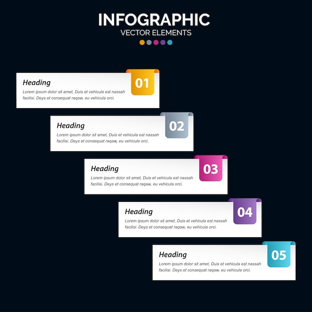 El vector de diseño infográfico de 5 pasos y el marketing se pueden utilizar para el diseño del flujo de trabajo