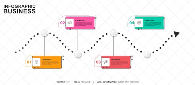 Vector de diseño infográfico de línea de tiempo con opciones numéricas y 4 pasos. Puede usarse para diagrama de flujo de trabajo.