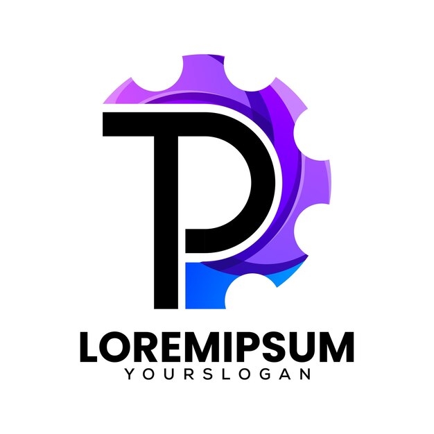 Vector de diseño de la letra P colorida y el logotipo del engranaje