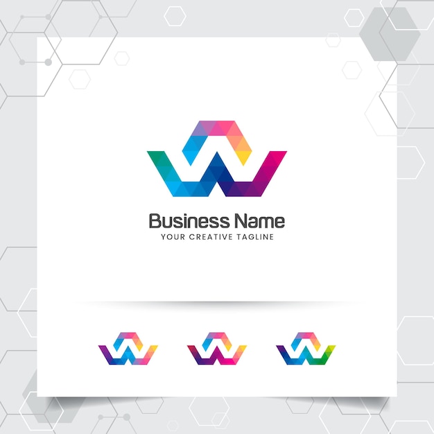 Vector de diseño de la letra W del logotipo digital con icono de píxeles de colores modernos para software de tecnología