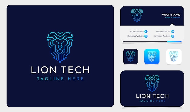 Vector de diseño de logotipo de cabeza de león de tecnología con plantilla de tarjeta de visita