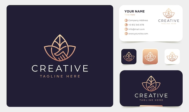 Vector de diseño de logotipo de hoja y apretón de manos con plantilla de tarjeta de visita