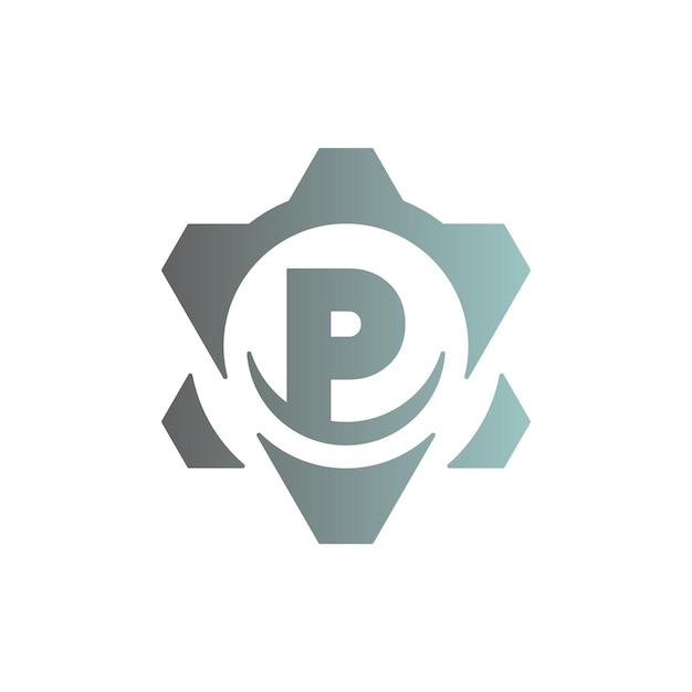 Vector de diseño del logotipo de ingeniería de engranajes con la letra inicial P
