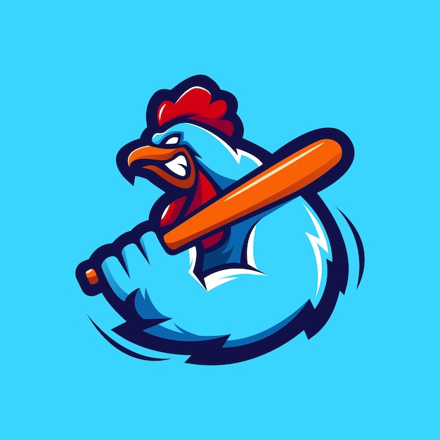 Vector de diseño de logotipo de mascota de gallo. gallo llevando un palo de béisbol