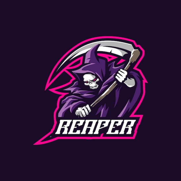 Vector de diseño del logotipo de la mascota Reaper con un estilo de concepto de ilustración moderno para la impresión de insignias, emblemas y camisetas. Ilustración de segador enojado para el equipo deportivo y deportivo.