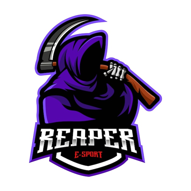 Vector de diseño de logotipo de mascota Reaper. Ilustración de la parca para equipo deportivo