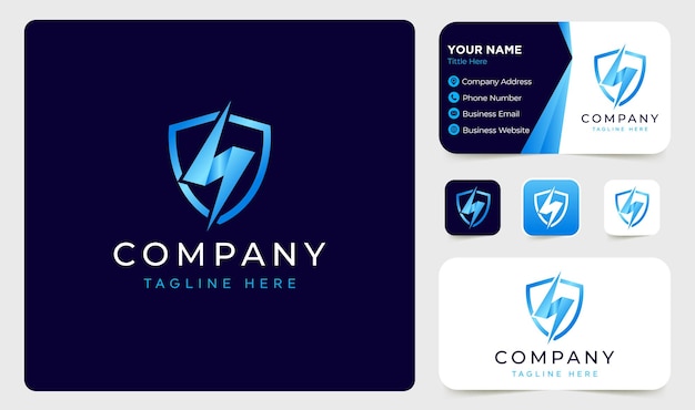Vector de diseño de logotipo Thunder Shield con plantilla de tarjeta de visita